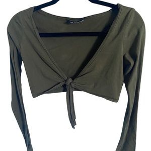 Olive Green Tie-Front Long-Sleeve Crop Top